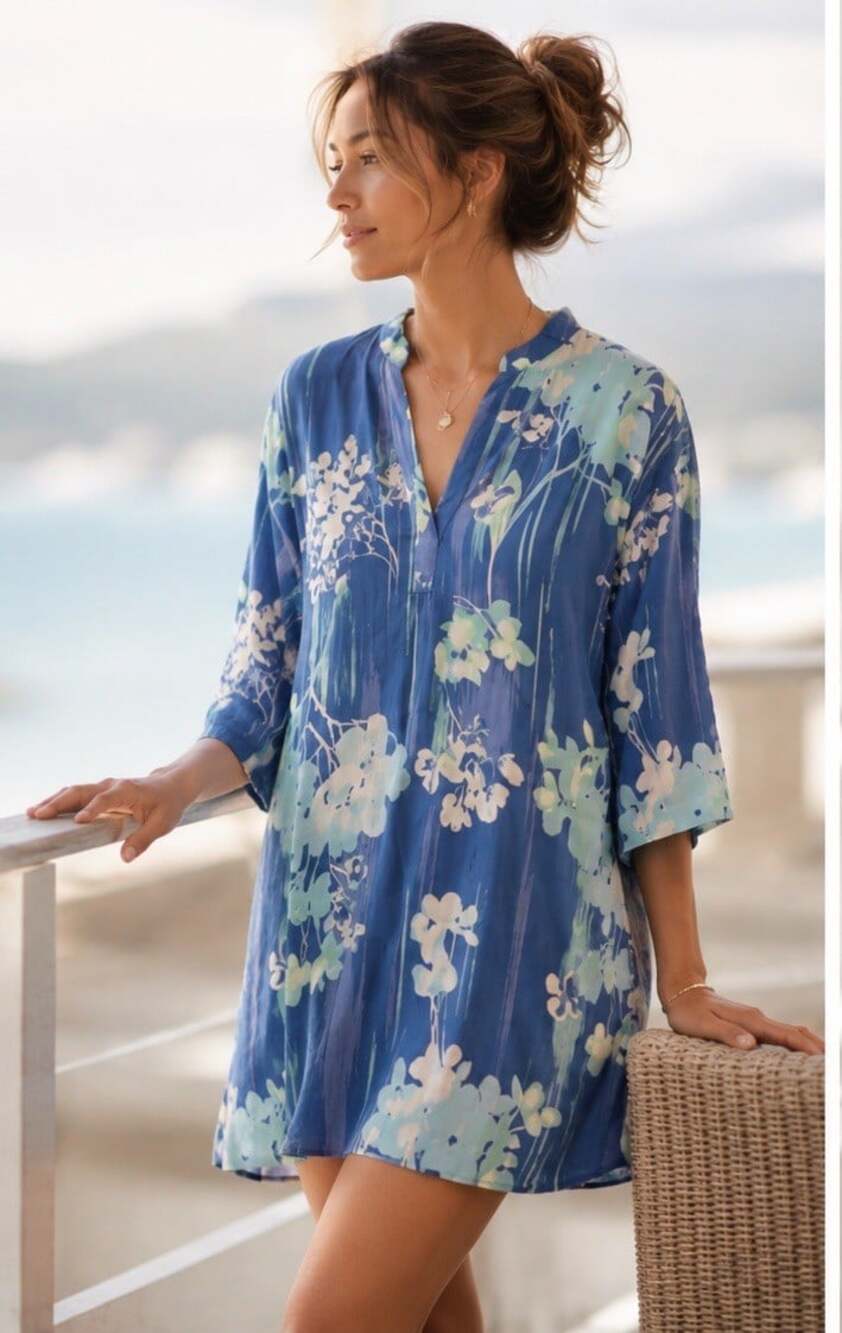 NATORI Blue Floral Tunic Dress Pockets Resortwear Vacation Beach Quiet Lux XL